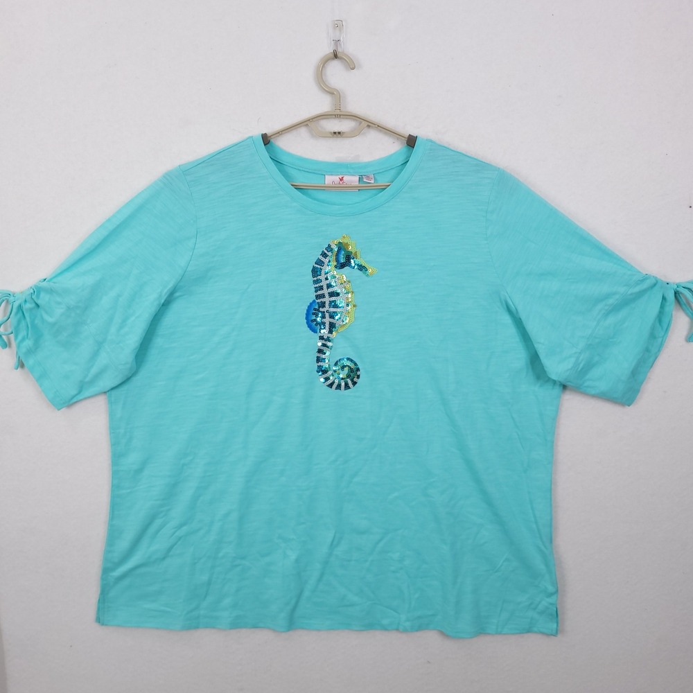 Quacker Factory Seahorse Top Womens 3X Teal Sequin Cinch Sleeve Nautical